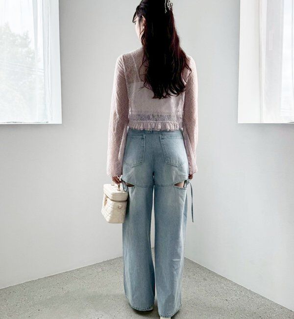  「【ウエストサイズ調整可】サイドあきリボンワイドデニム」|その他|