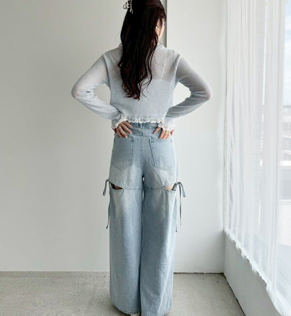  「【ウエストサイズ調整可】サイドあきリボンワイドデニム」|その他|