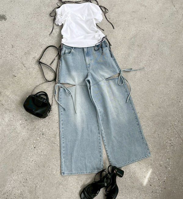  「【ウエストサイズ調整可】サイドあきリボンワイドデニム」|その他|