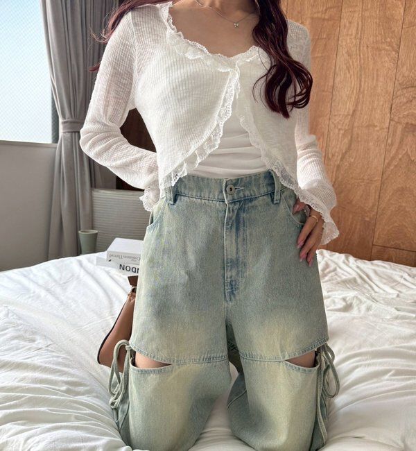  「【ウエストサイズ調整可】サイドあきリボンワイドデニム」|その他|