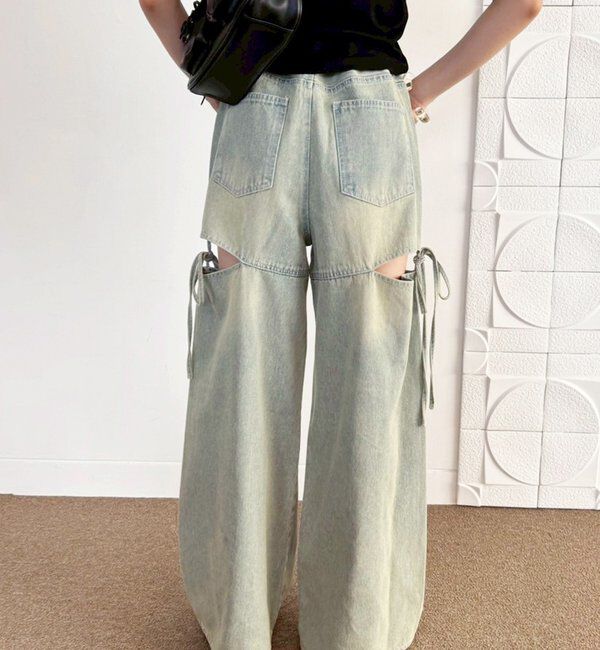  「【ウエストサイズ調整可】サイドあきリボンワイドデニム」|その他|