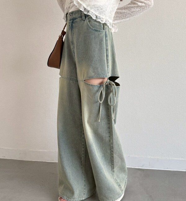  「【ウエストサイズ調整可】サイドあきリボンワイドデニム」|その他|
