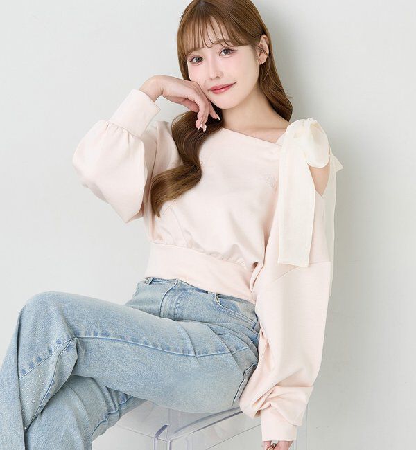 「肩リボン刺繍入りラメトップス」|プルオーバー|