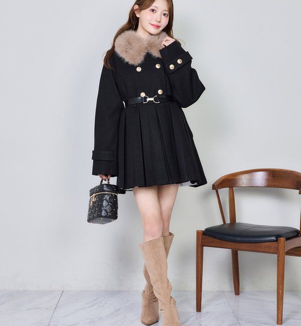  「ウエストベルト付きフェイクファー襟ミドルコート」|その他|