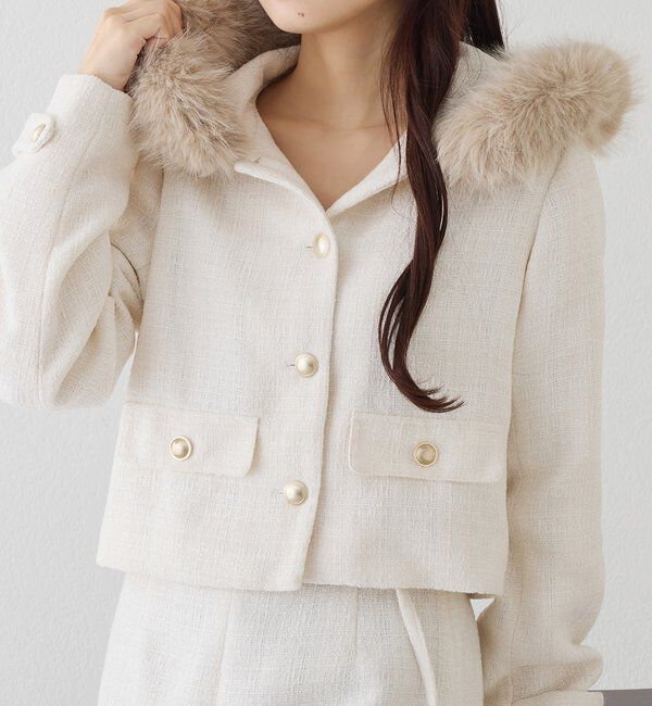  「フェイクファーフード付きツイードジャケット【セットアップ可能】」|ダウンベスト・ベスト|