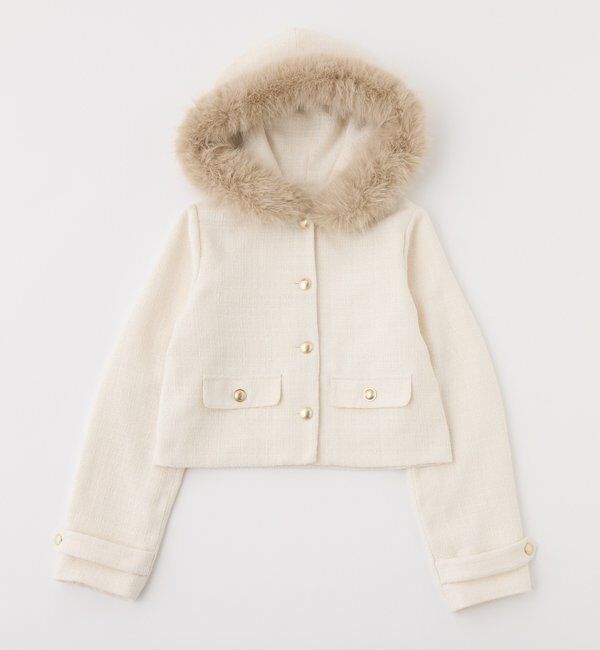  「フェイクファーフード付きツイードジャケット【セットアップ可能】」|ダウンベスト・ベスト|