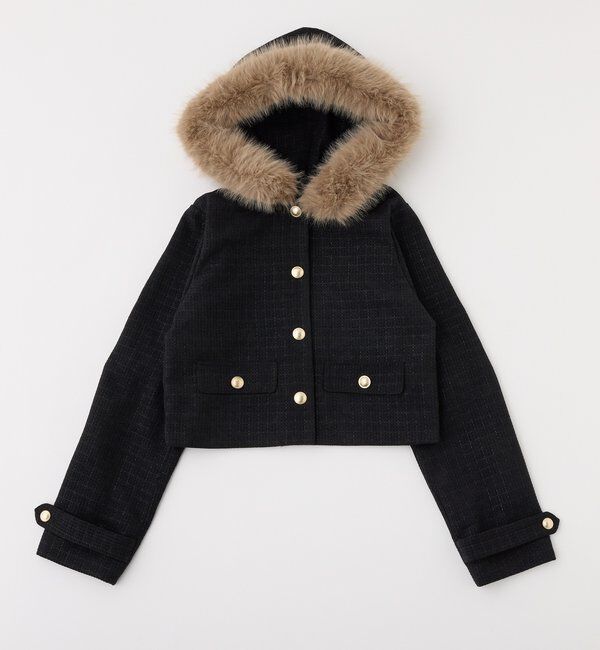  「フェイクファーフード付きツイードジャケット【セットアップ可能】」|ダウンベスト・ベスト|