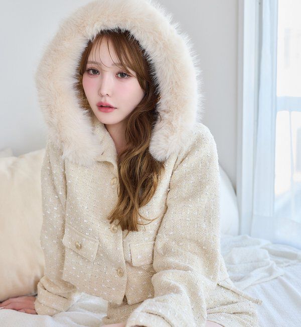  「フェイクファーフード付きツイードジャケット【セットアップ可能】」|ダウンベスト・ベスト|イエロー