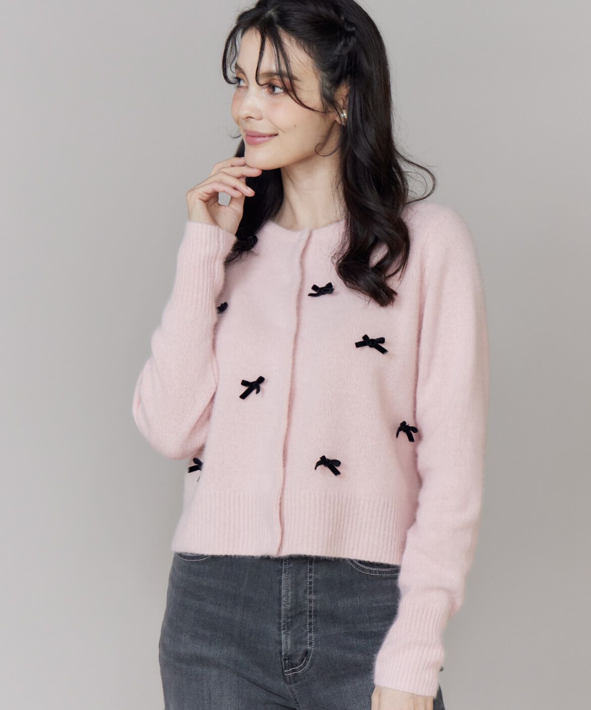Maglie le cassetto「ベロアリボンフォックスカーデ」|カーディガン|ピンク1