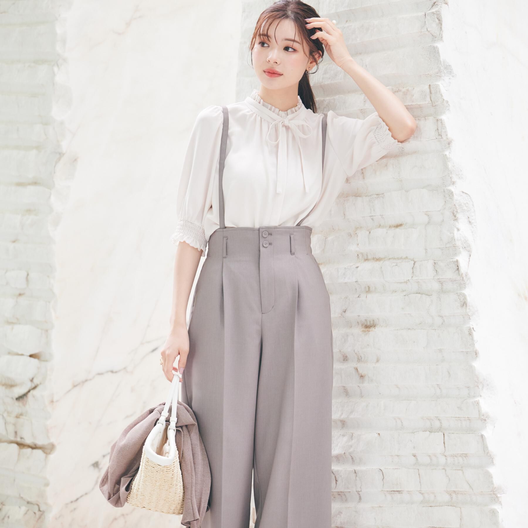 Couture broach「【美脚効果・通勤】リネンライク サス付きパンツ」|その他|トープ(054)