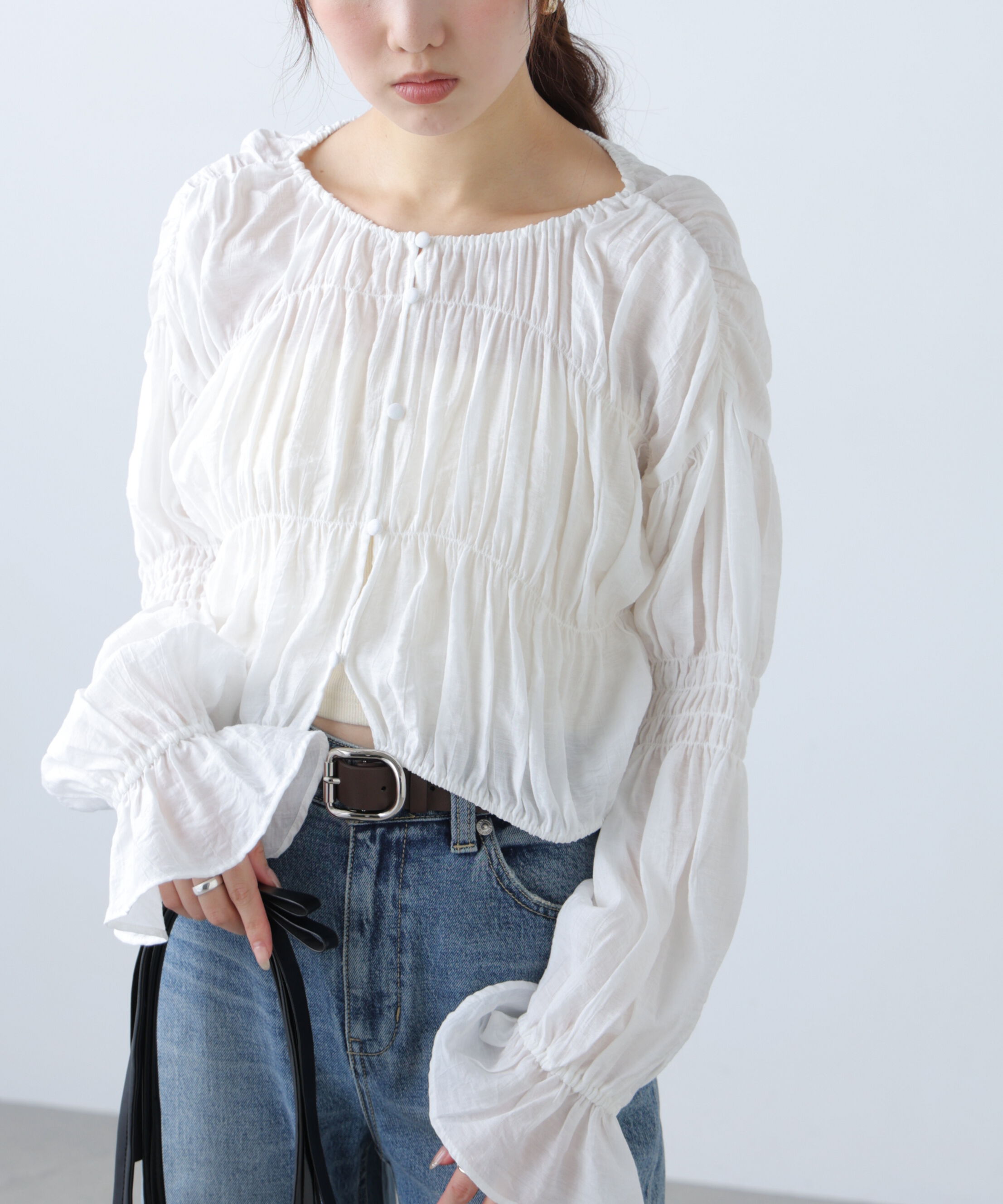  「シアーギャザー前開き短丈ブラウス」|シャツ・ブラウス|