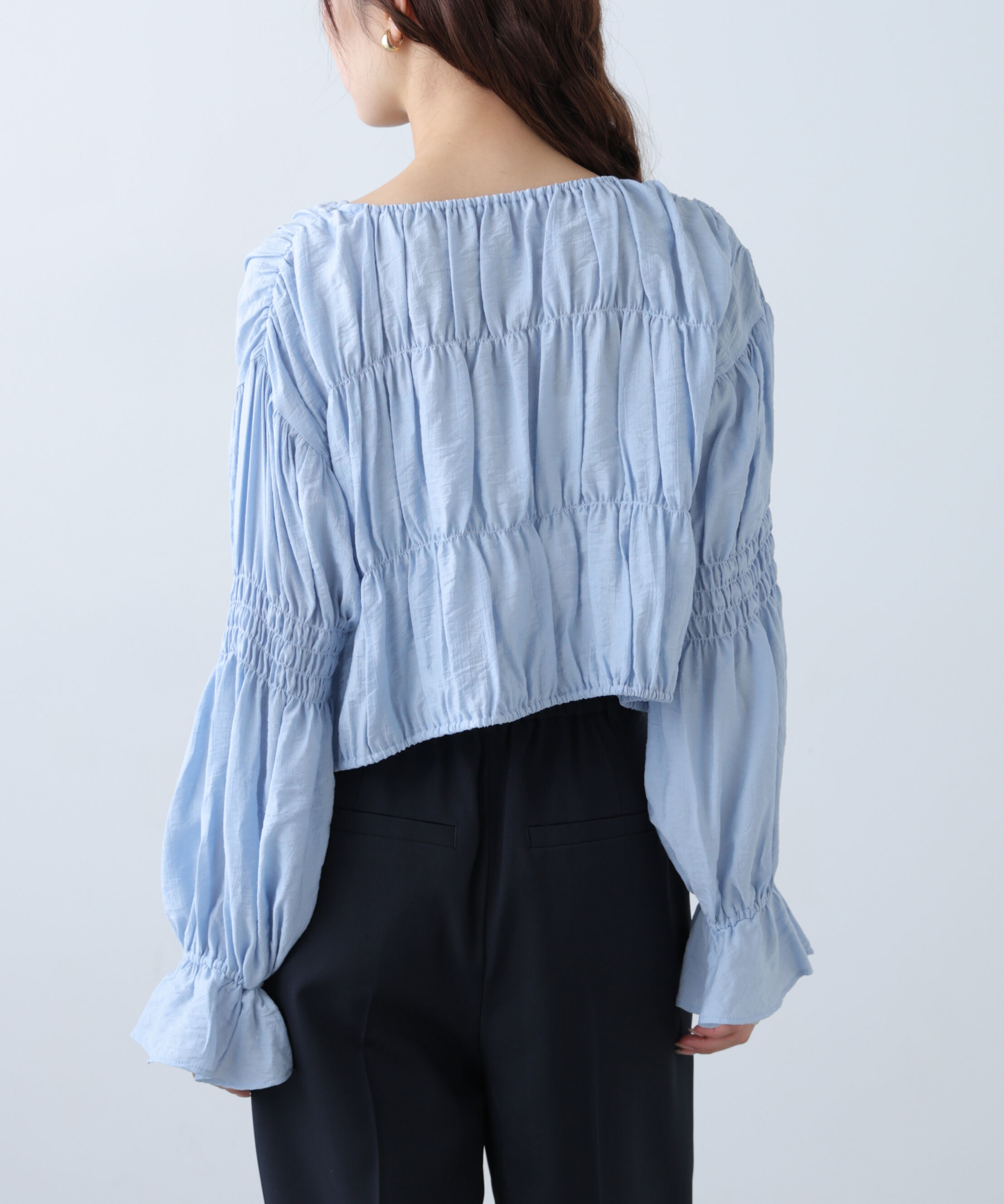  「シアーギャザー前開き短丈ブラウス」|シャツ・ブラウス|