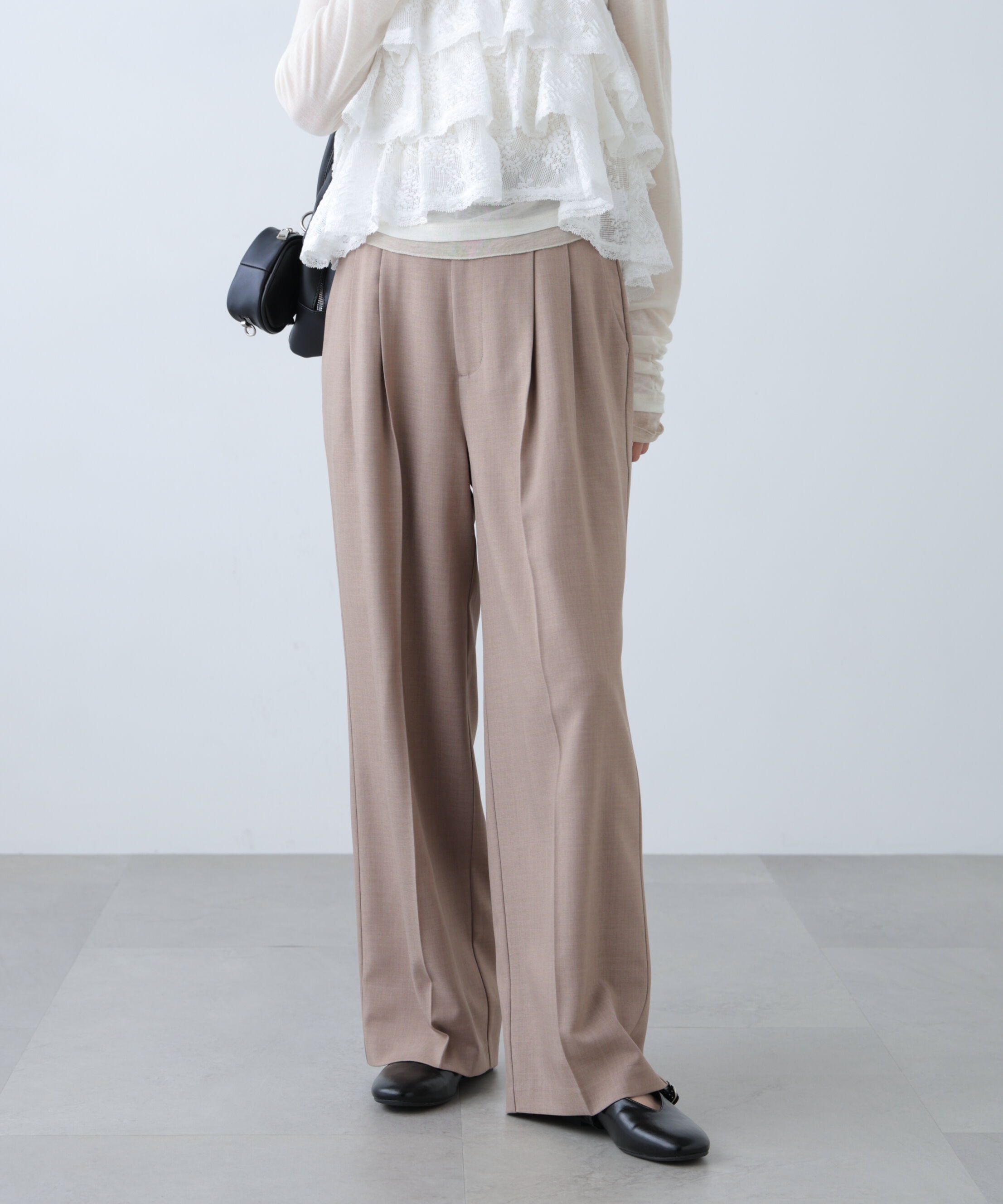  「[低身長サイズ/Sシリーズ]梳毛調合繊タックワイドパンツ」|その他|ブラウン