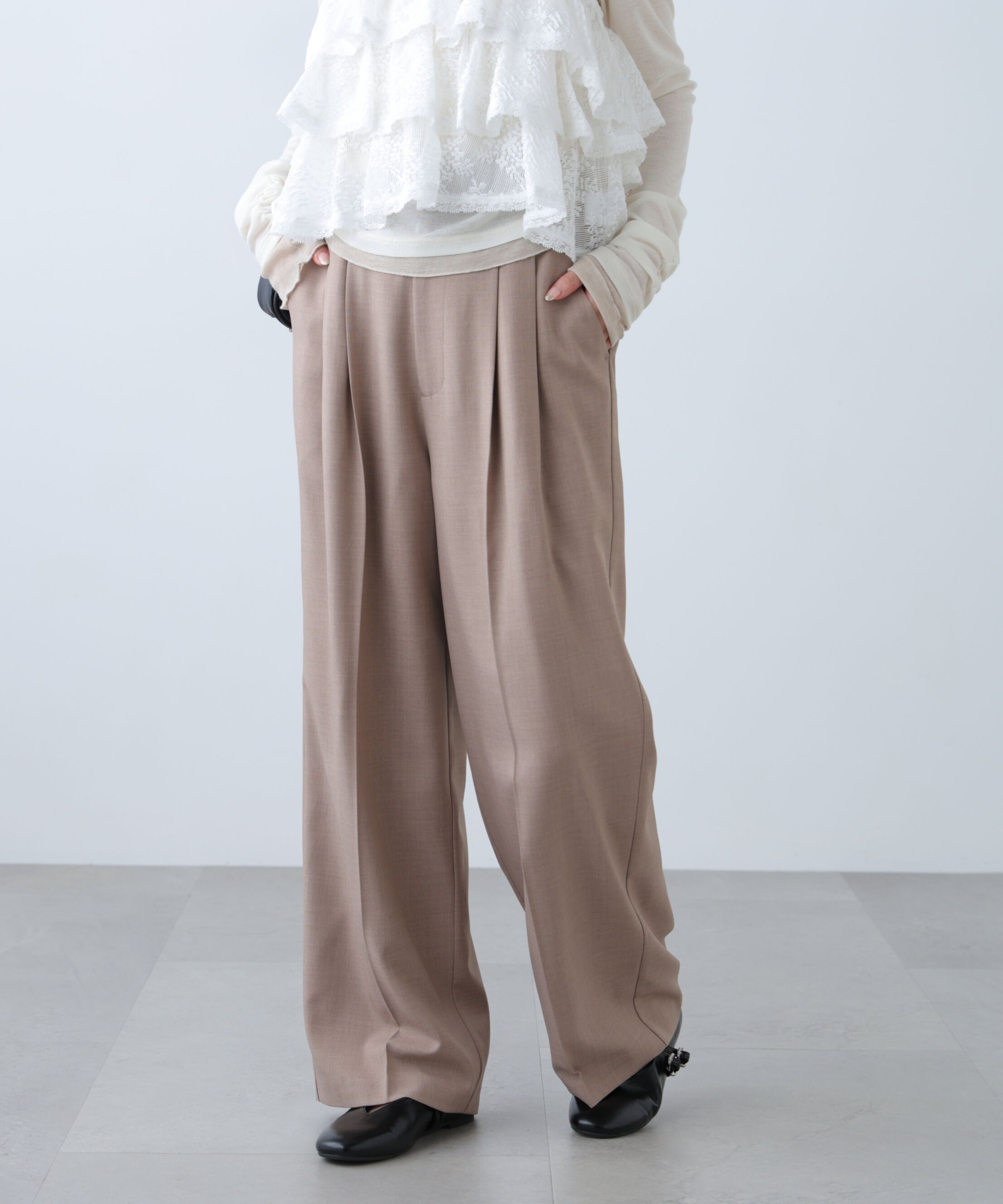  「[低身長サイズ/Sシリーズ]梳毛調合繊タックワイドパンツ」|その他|