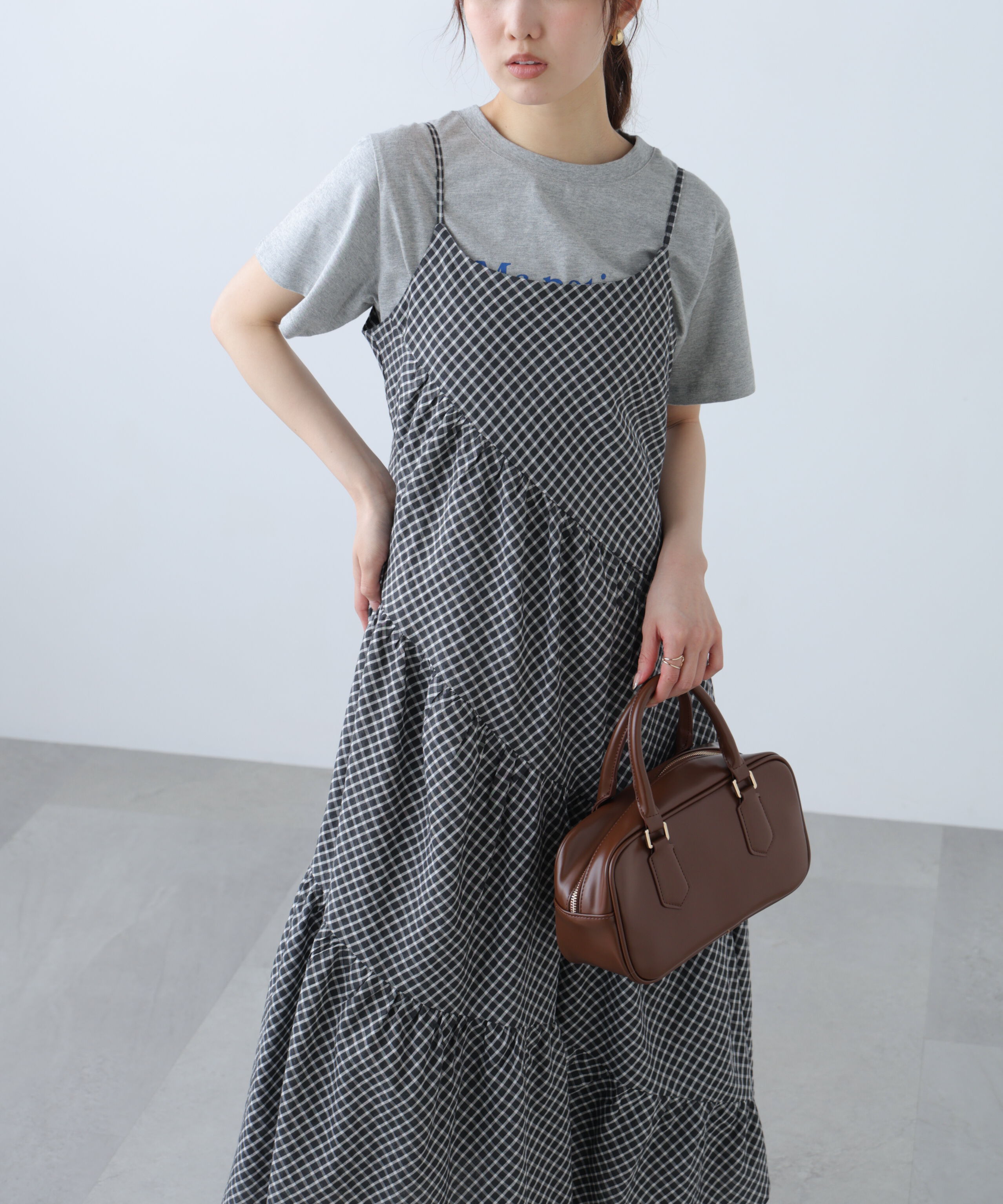  「チェック柄エスカルゴティアードキャミワンピース」|ワンピース|