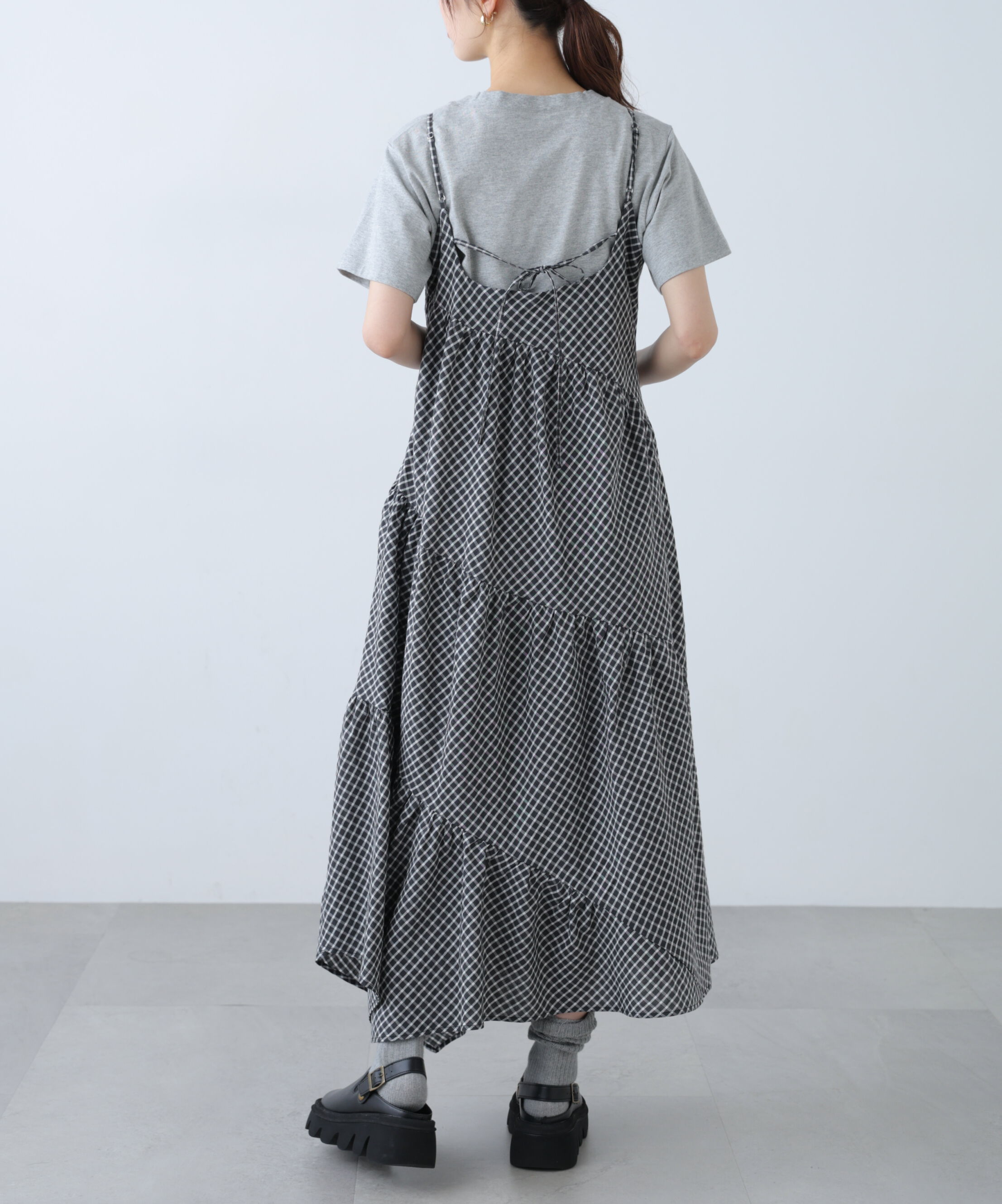  「チェック柄エスカルゴティアードキャミワンピース」|ワンピース|