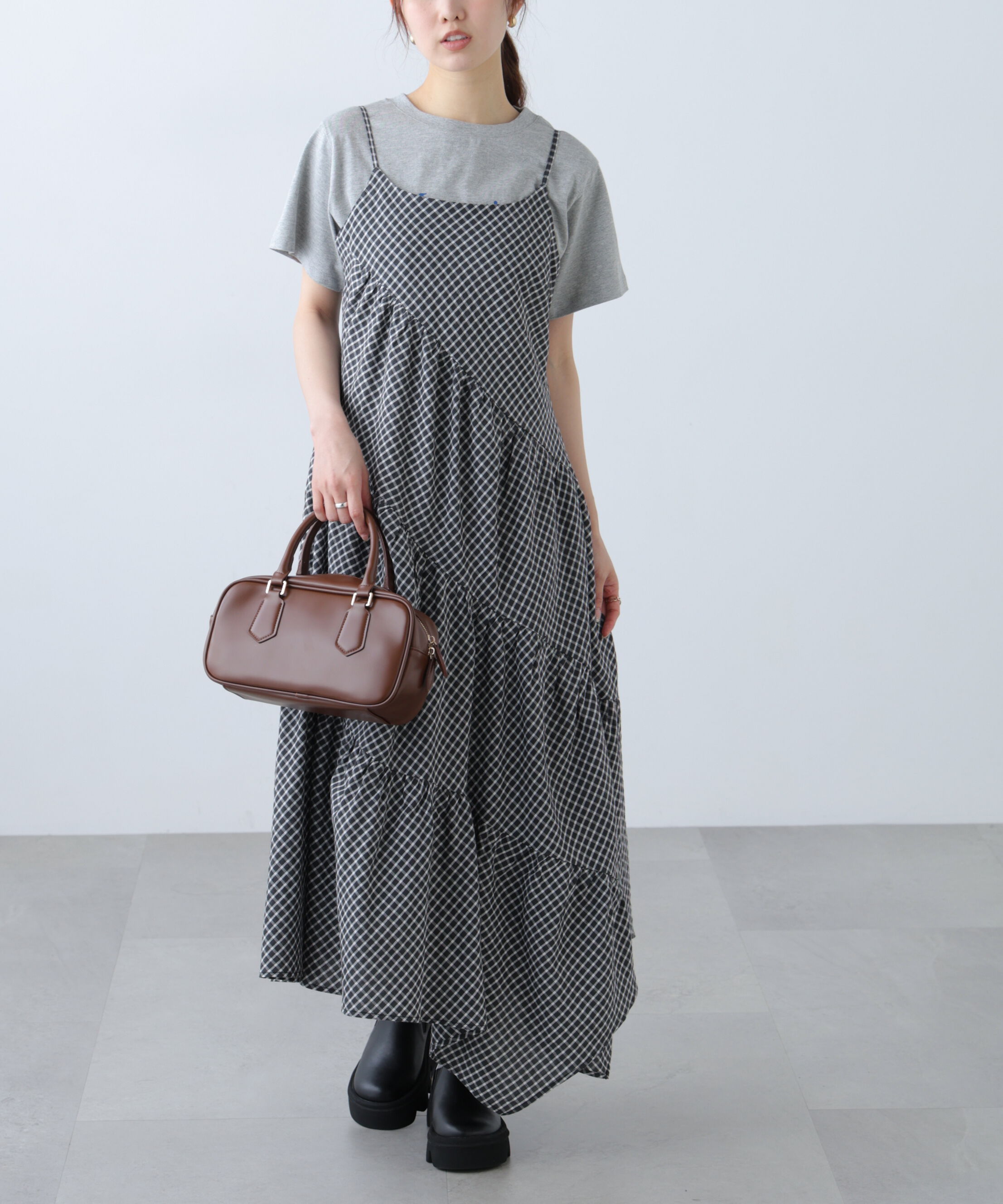  「チェック柄エスカルゴティアードキャミワンピース」|ワンピース|