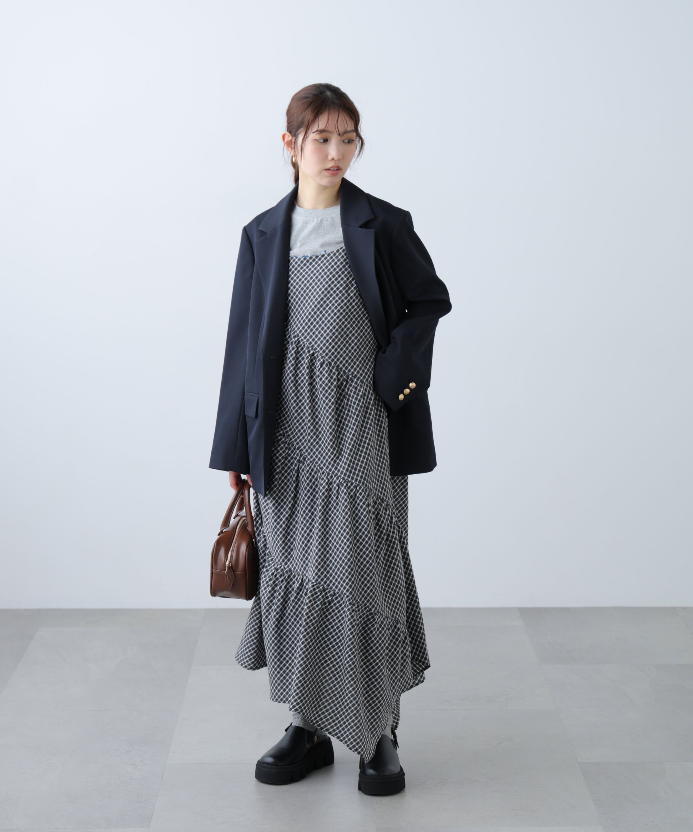  「チェック柄エスカルゴティアードキャミワンピース」|ワンピース|