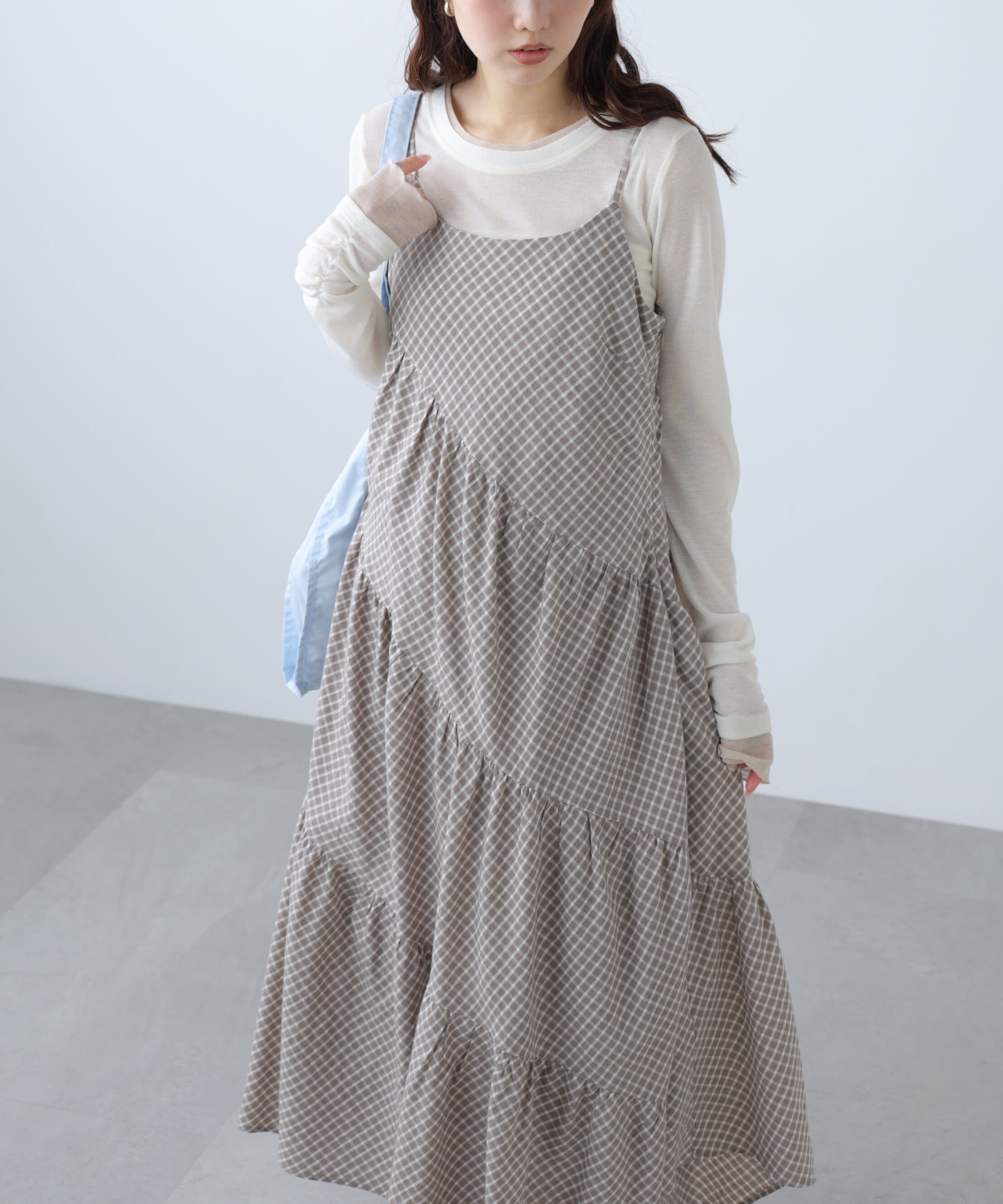  「チェック柄エスカルゴティアードキャミワンピース」|ワンピース|