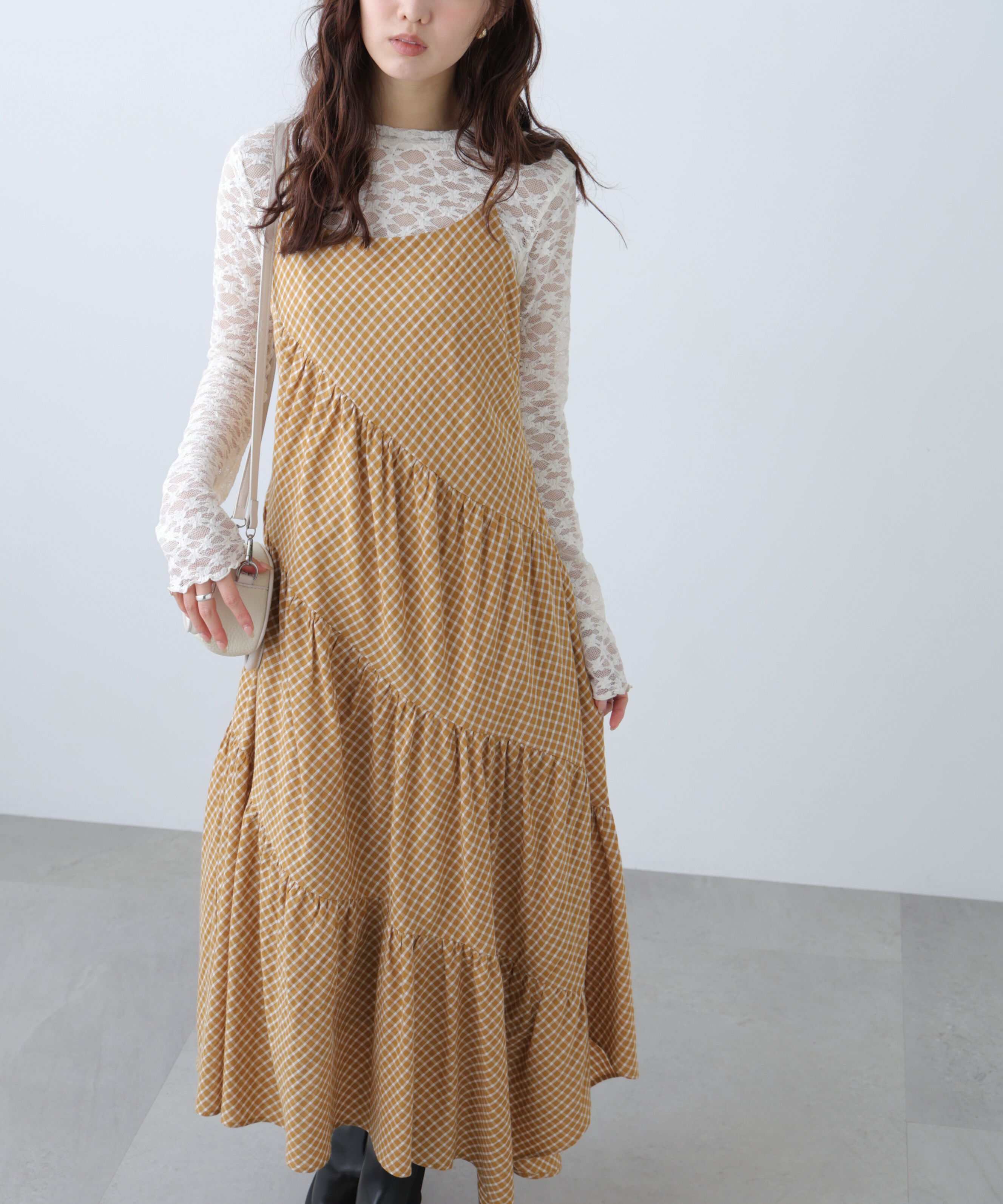  「チェック柄エスカルゴティアードキャミワンピース」|ワンピース|