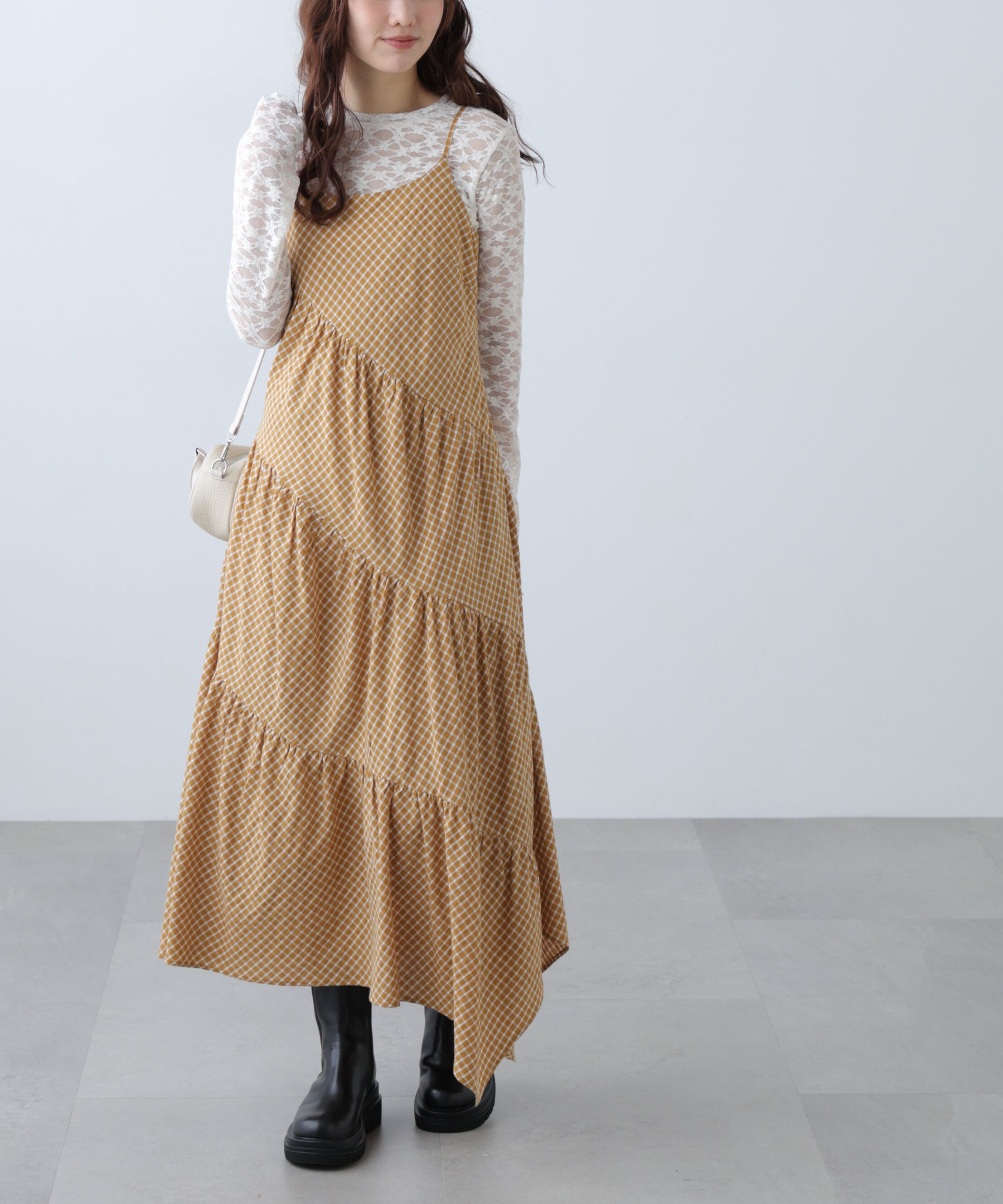  「チェック柄エスカルゴティアードキャミワンピース」|ワンピース|