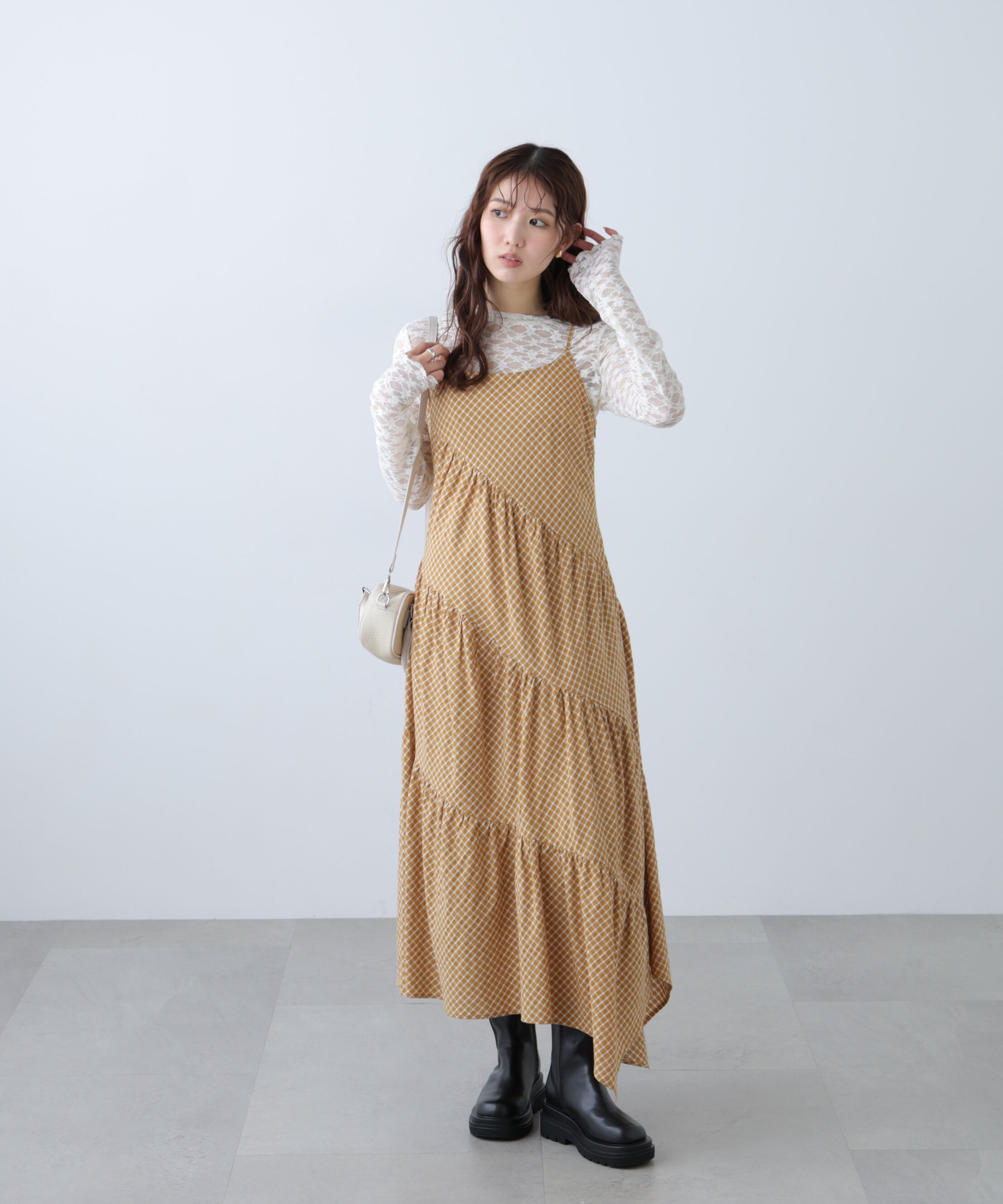  「チェック柄エスカルゴティアードキャミワンピース」|ワンピース|