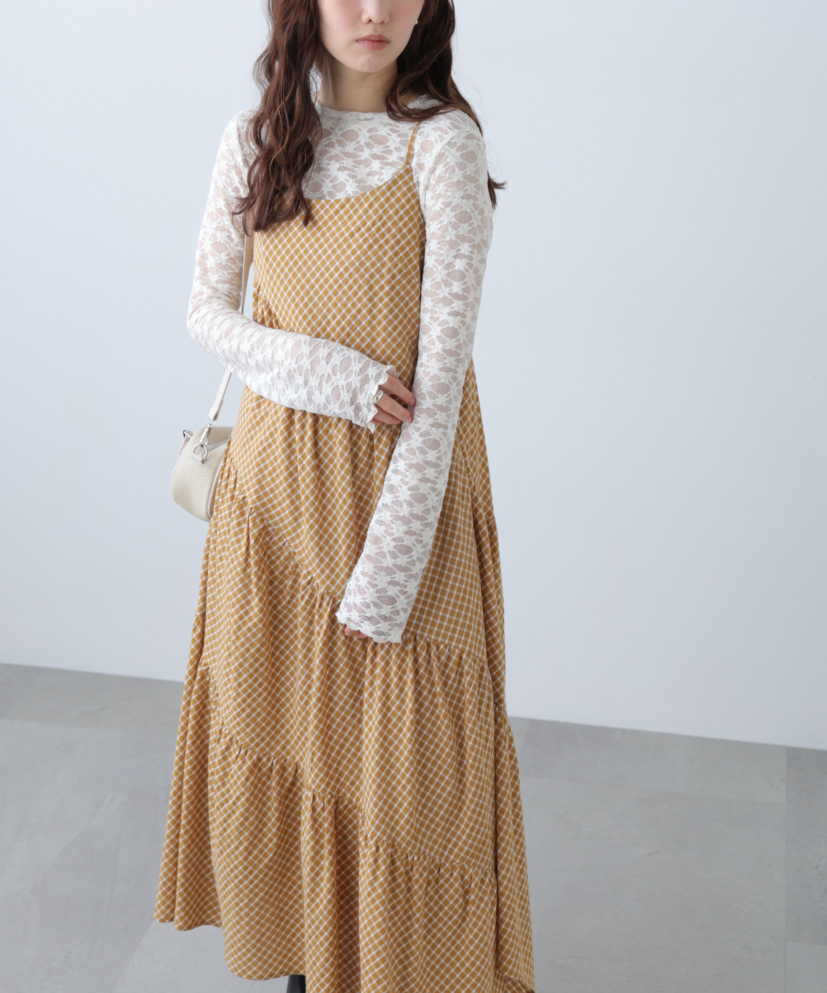  「チェック柄エスカルゴティアードキャミワンピース」|ワンピース|