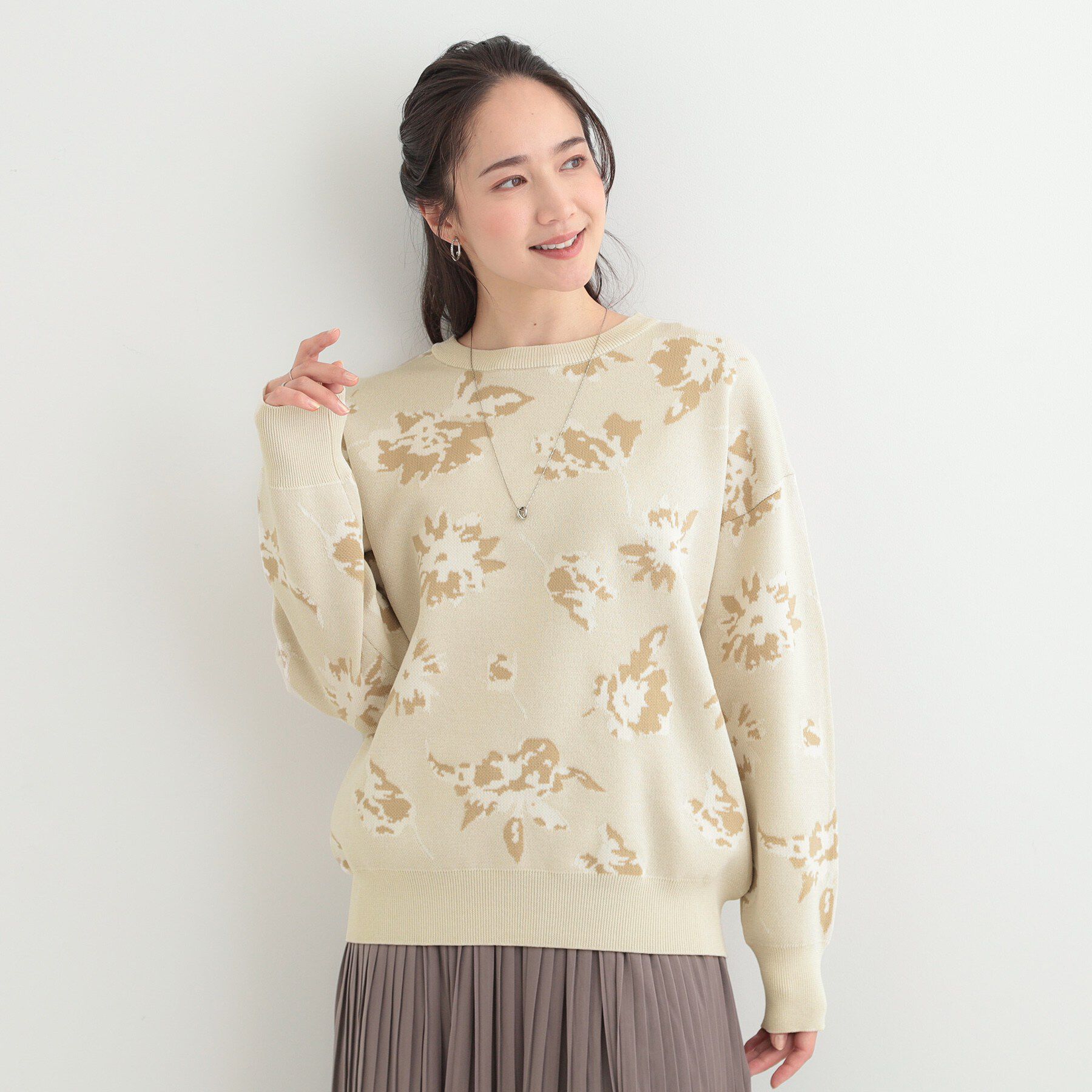 SHOO･LA･RUE「【洗濯機可/S-LL】ゆるシルエット フラワー柄スポンディッシュニット」|ニット・セーター|