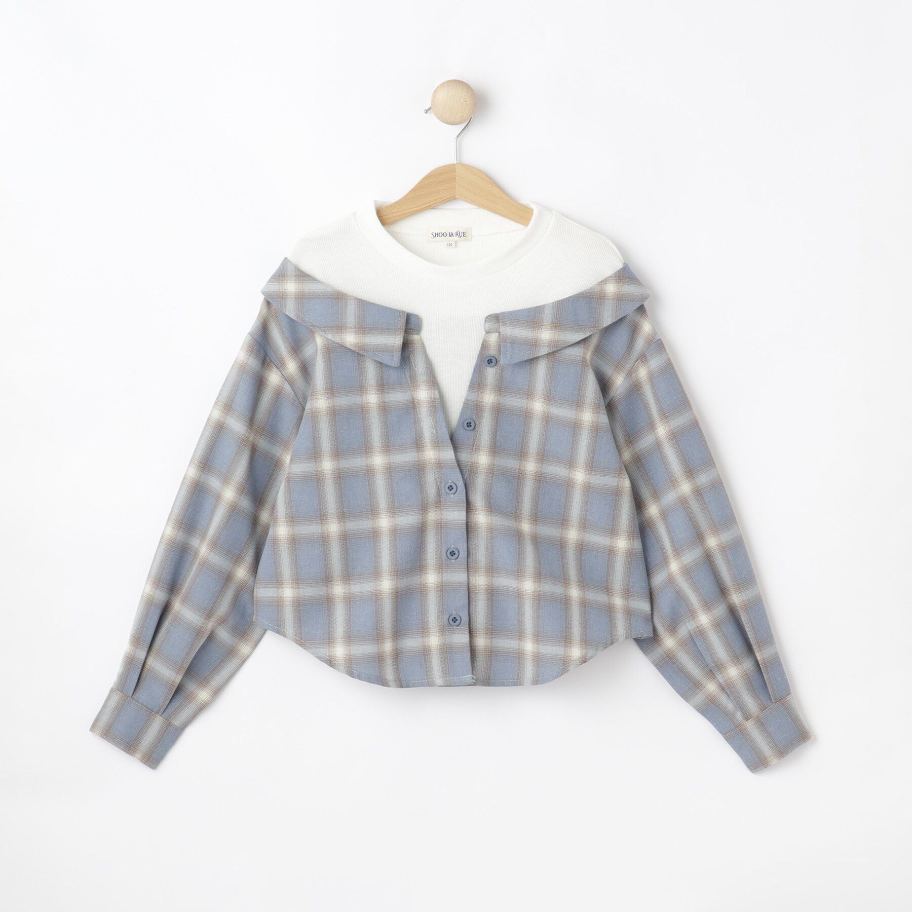 SHOO･LA･RUE「【130-150cm】チェックシャツドッキングトップス」|Tシャツ・カットソー|ブルー(291)