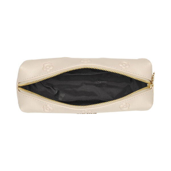  「マリークワント シンプルエンボスデイジースクエアペンケース ベージュ 本体 (H5&times;W18.5&times;D6cm)」|コスメ雑貨|