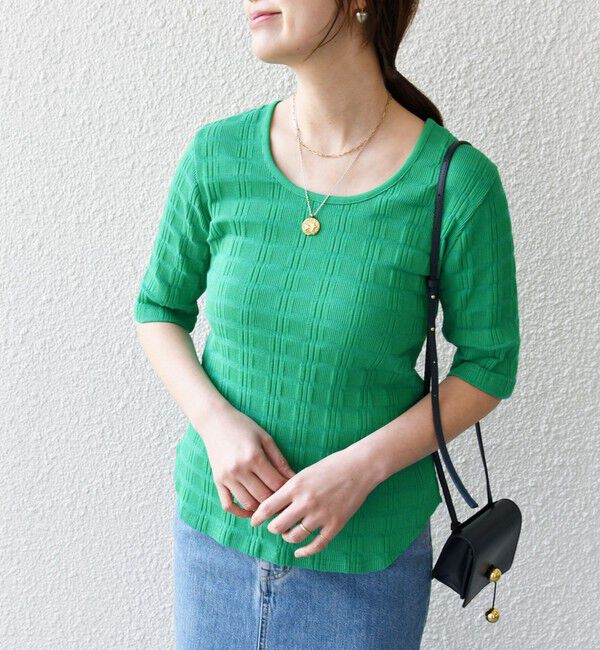 SHIPS for women「【WEB限定】〈洗濯機可能〉ランダム テレコ 5分袖 プルオーバー」|Tシャツ・カットソー|グリーン