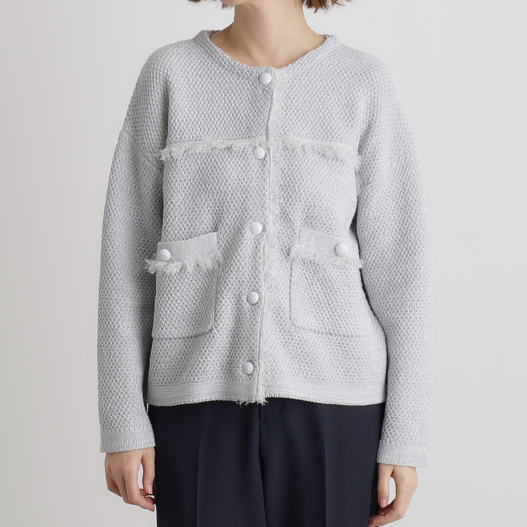 grove「ツイードニットジャケット」|ノーカラージャケット|