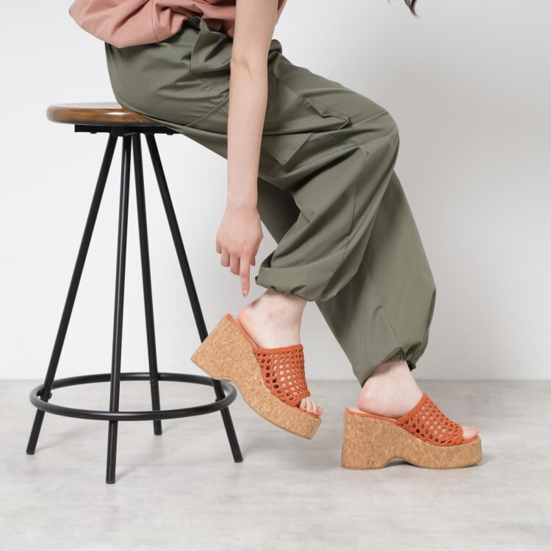 ESPERANZA「マクラメ編みウェッジミュール」|サンダル|オレンジ(067)