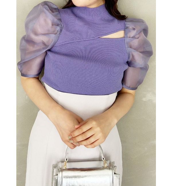 MERCURYDUO「2WAY異素材パフスリーブカットアウトニット」|ニット・セーター|パープル