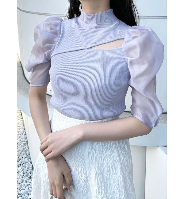 MERCURYDUO「2WAY異素材パフスリーブカットアウトニット」|ニット・セーター|ラベンダー