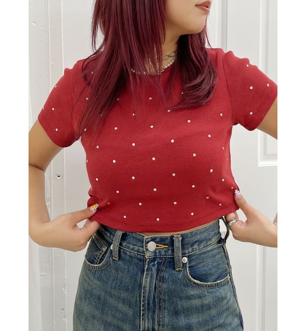 EVRIS「ラインストーンコンパクトＴシャツ」|Tシャツ・カットソー|ボルドー