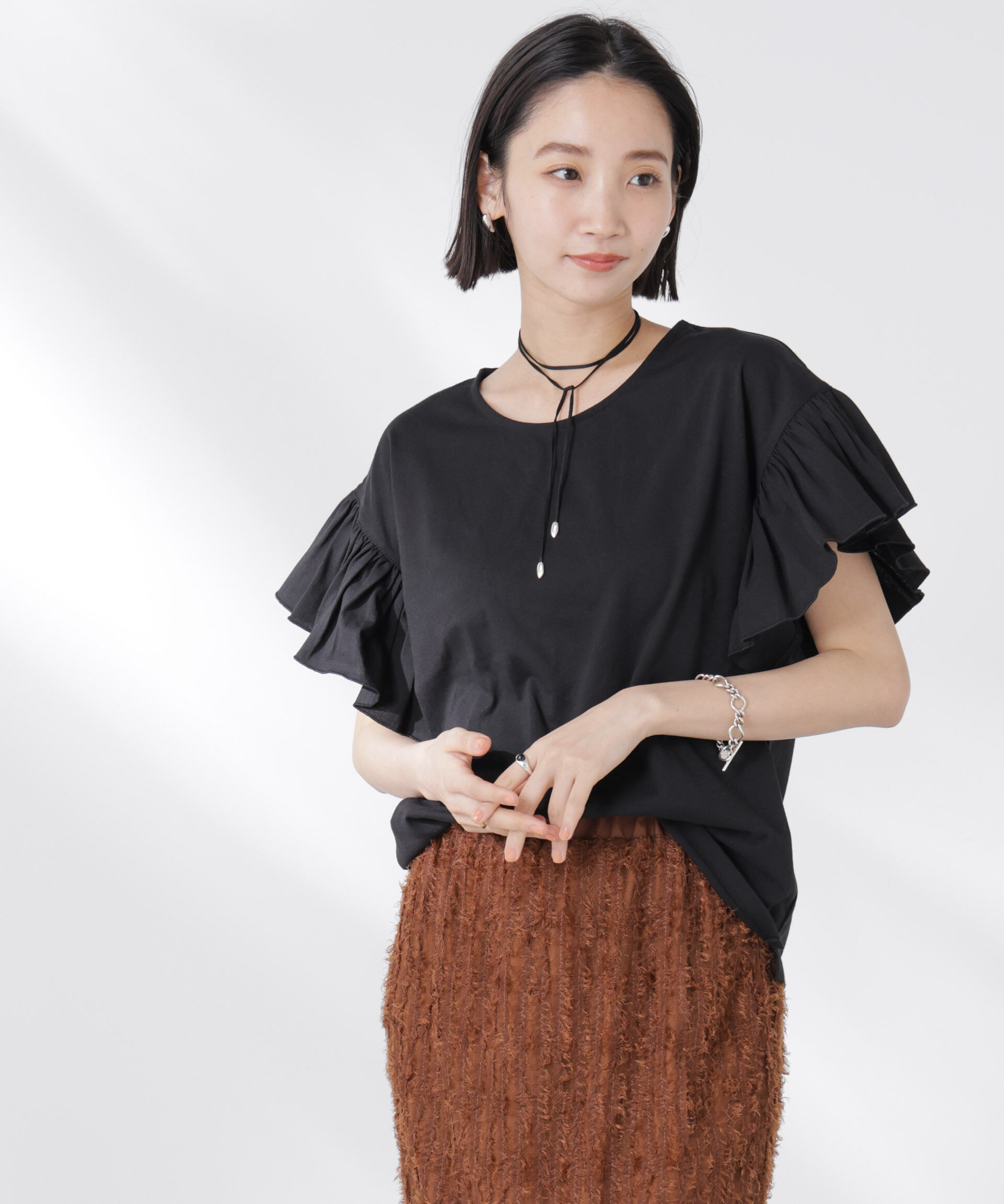 nano･universe「STORATECH 機能素材フレアデザインスリーブトップス」|Tシャツ・カットソー|ブラック