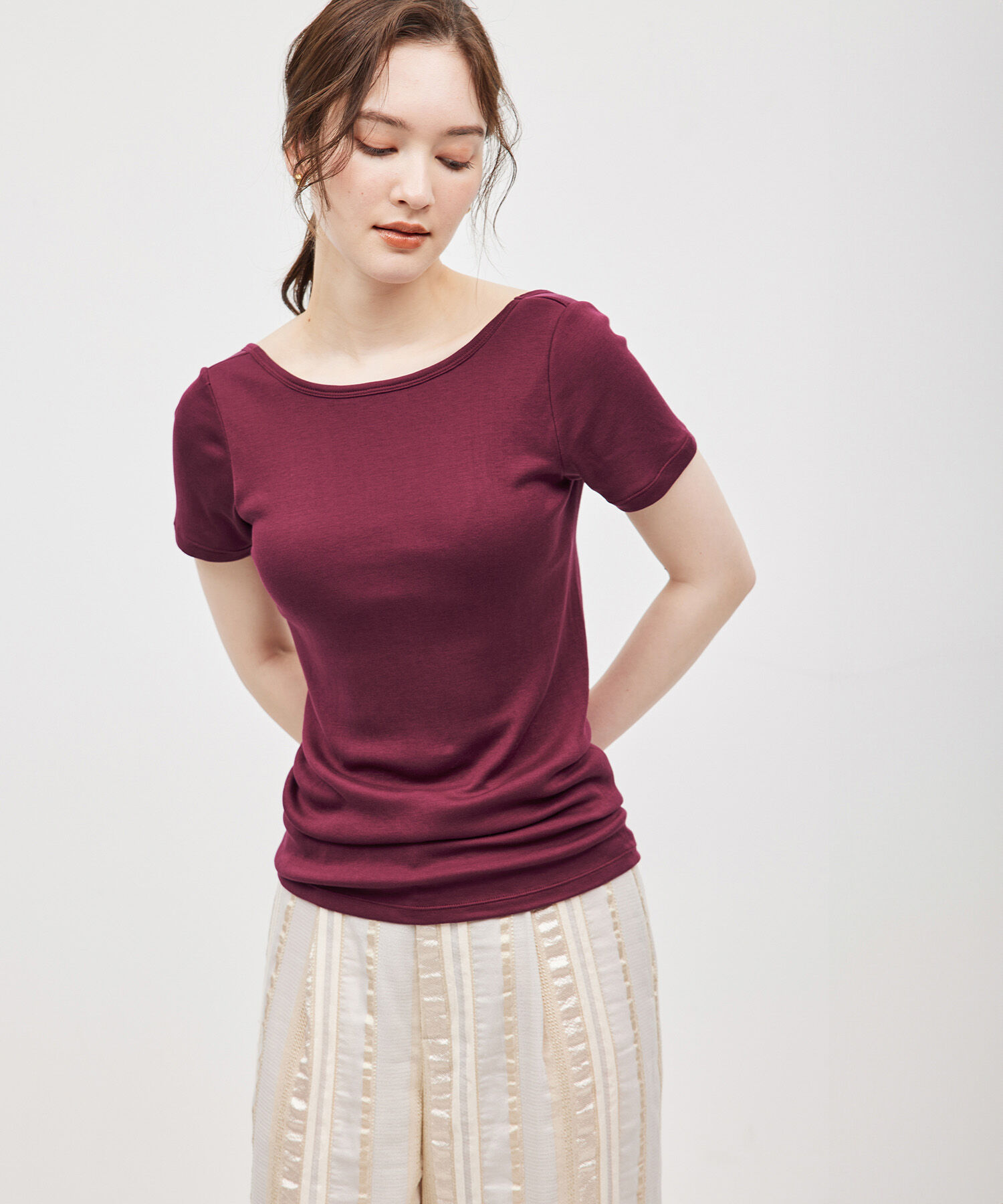 ROPE「コットンシルク丸胴フライスカップ付き半袖カットソー」|Tシャツ・カットソー|