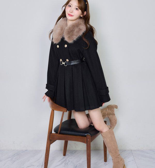  「ウエストベルト付きフェイクファー襟ミドルコート」|その他|