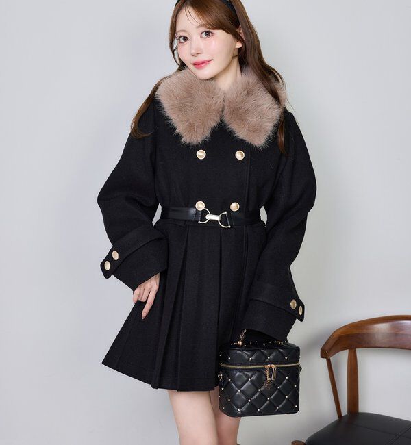  「ウエストベルト付きフェイクファー襟ミドルコート」|その他|