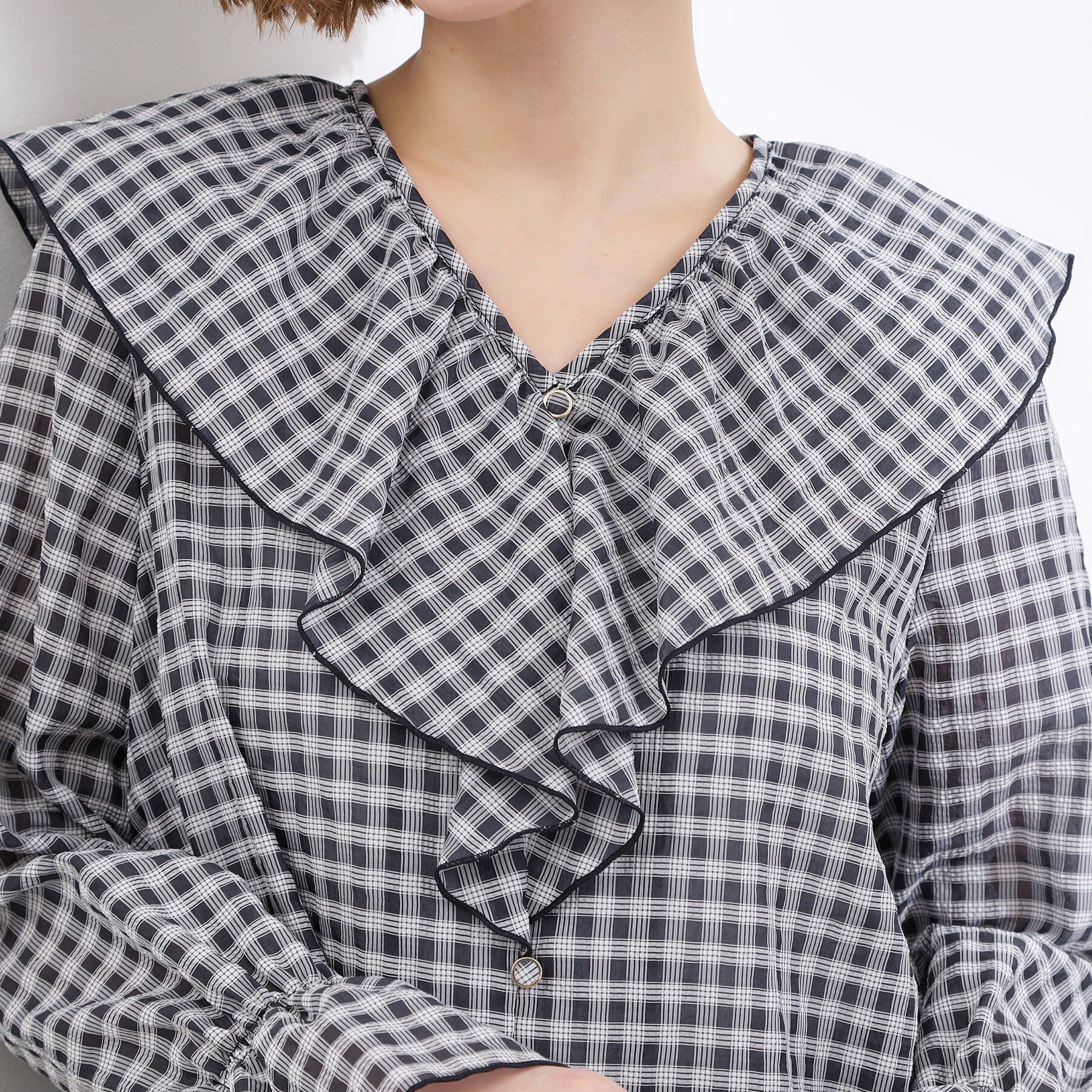 grove「大人の華やぎチェックフリルブラウス」|シャツ・ブラウス|