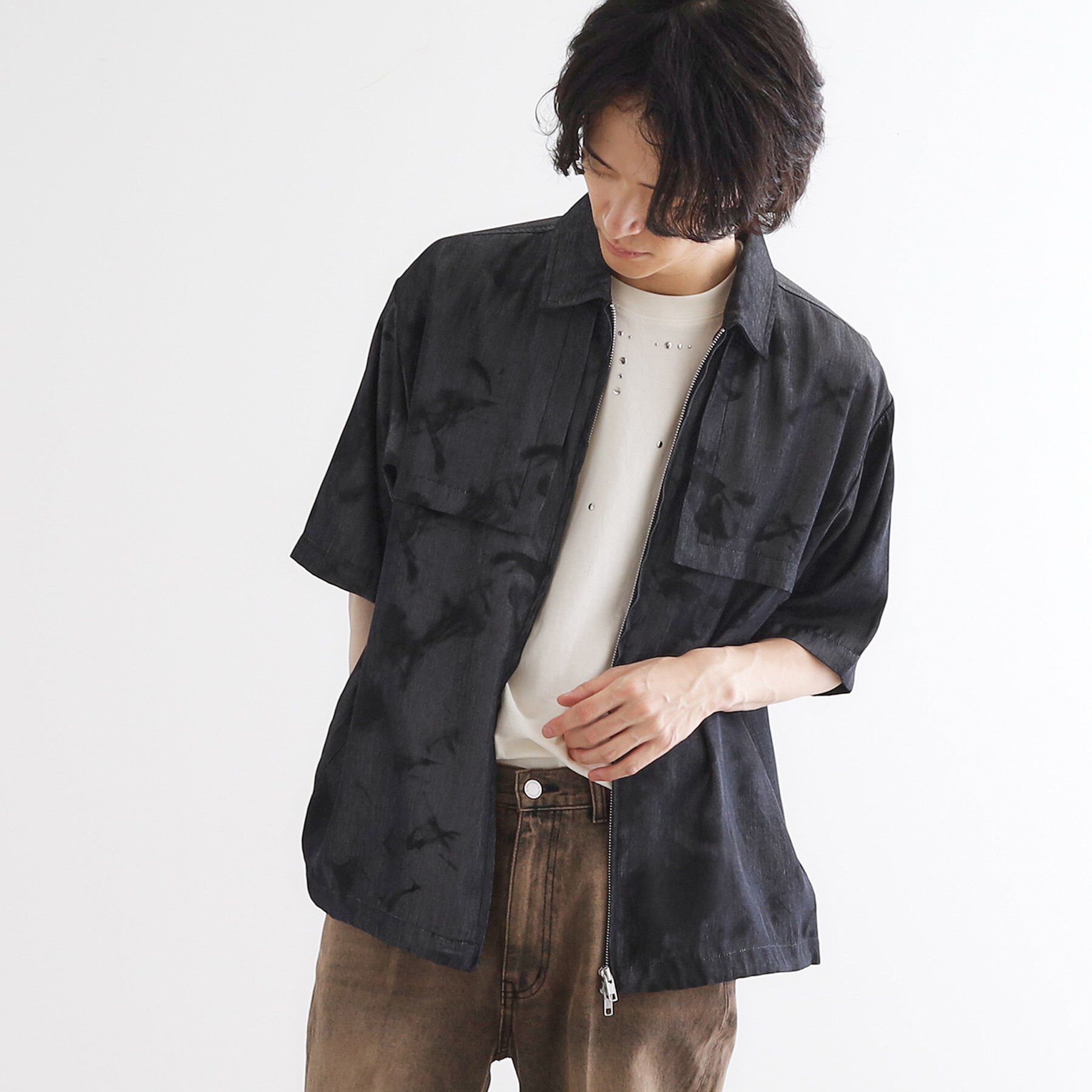 tk.TAKEO KIKUCHI「ブラープリントシャンブレーシャツアウター」|シャツ・ブラウス|ブラック(019)