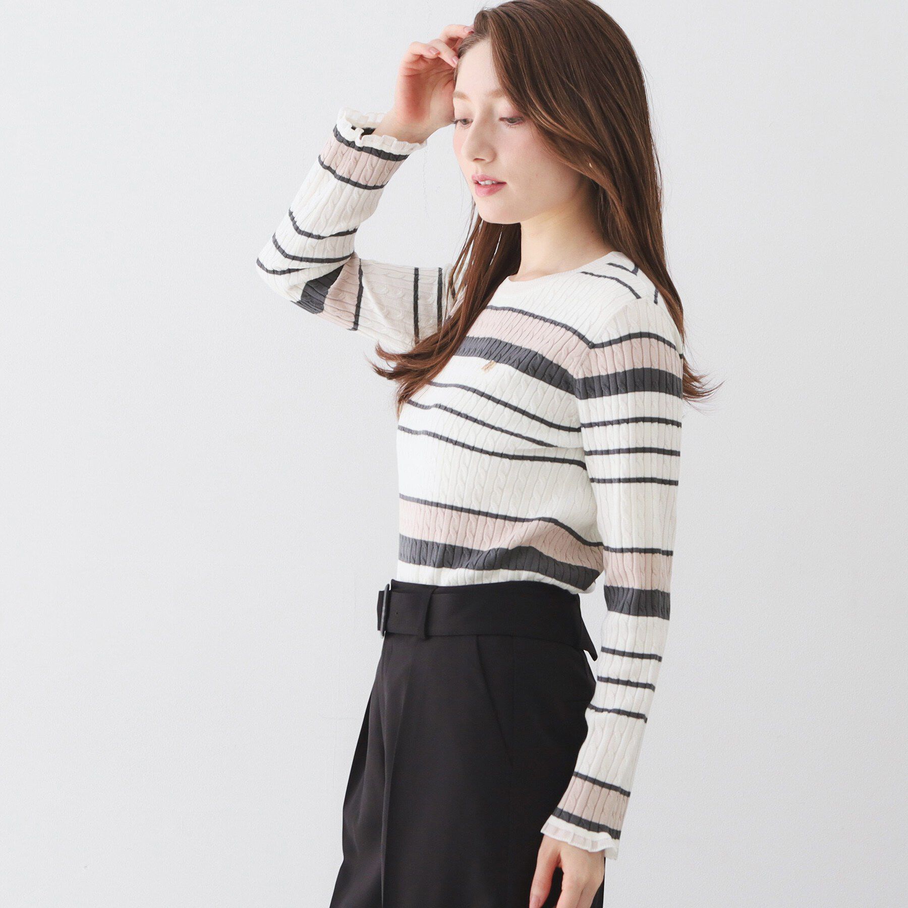 index「ランダムボーダーケーブルニット【洗濯機OK/坑ピル】」|ニット・セーター|