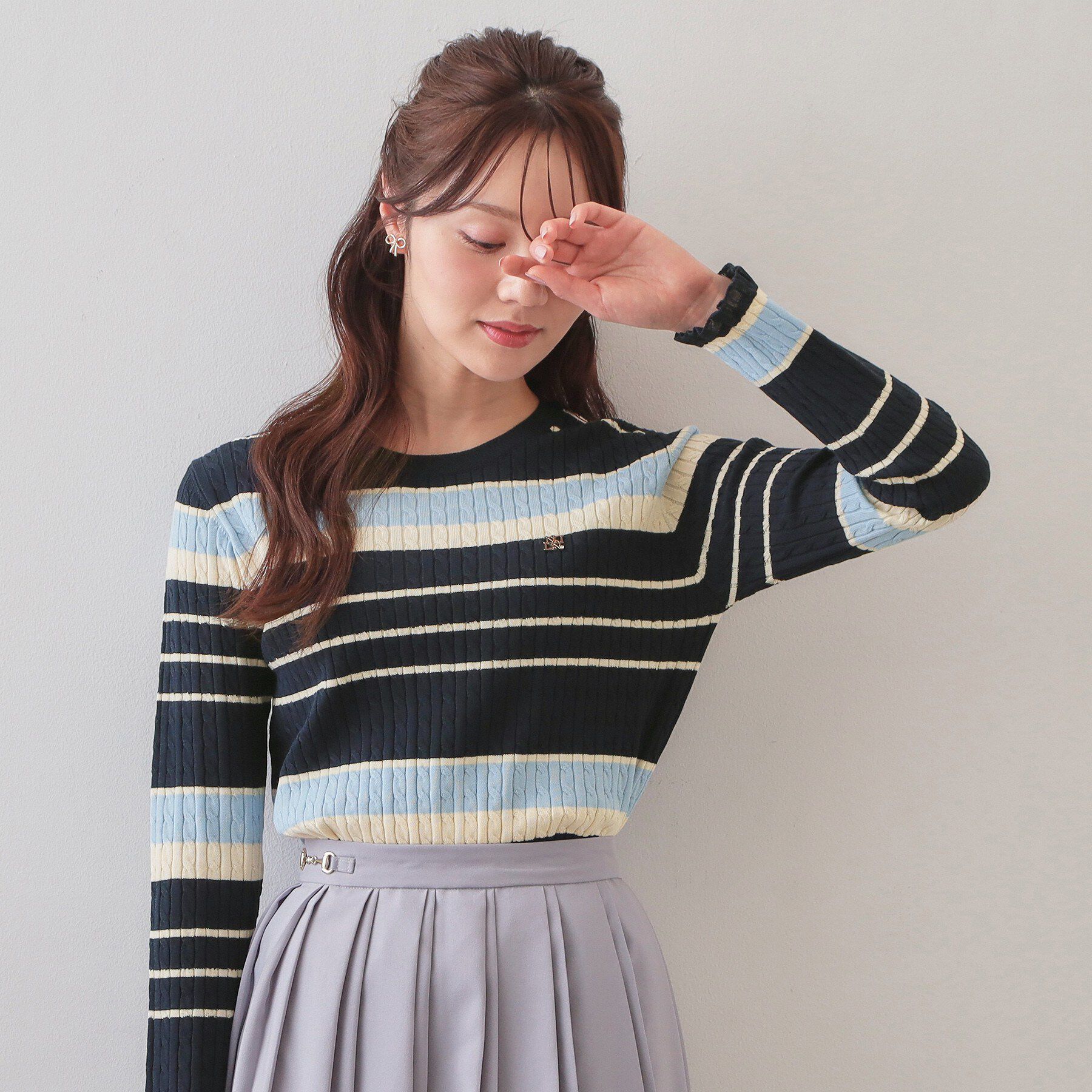 index「ランダムボーダーケーブルニット【洗濯機OK/坑ピル】」|ニット・セーター|ネイビー(394)