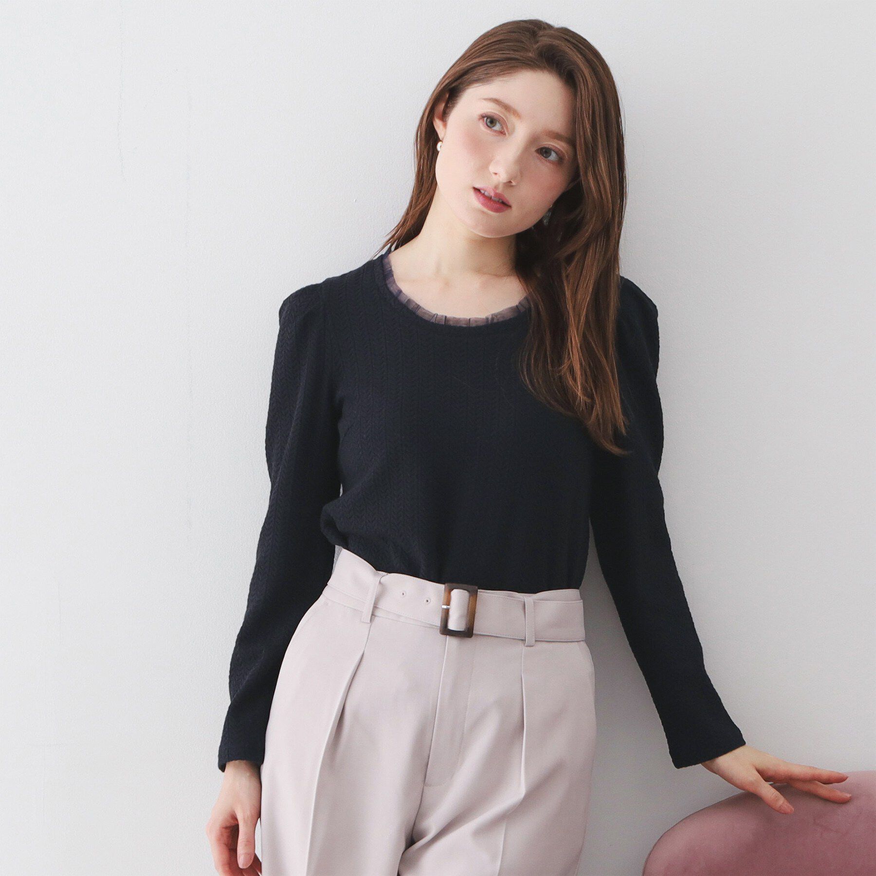 index「衿チュールデザインケーブルジャガードトップス【洗濯機OK】」|Tシャツ・カットソー|