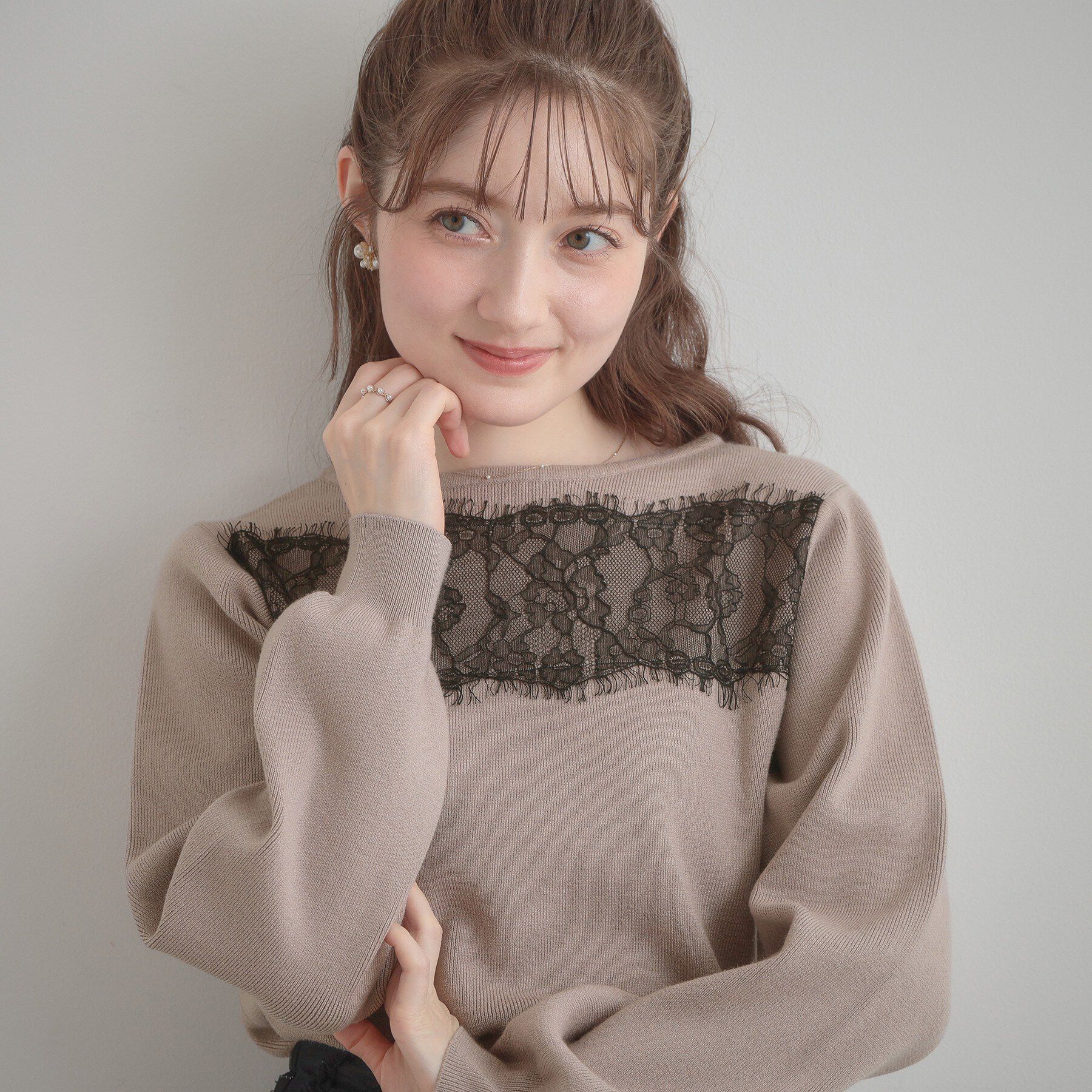 Couture broach「【洗える・通勤】レース ドッキング ニット」|ニット・セーター|ピンクベージュ(05