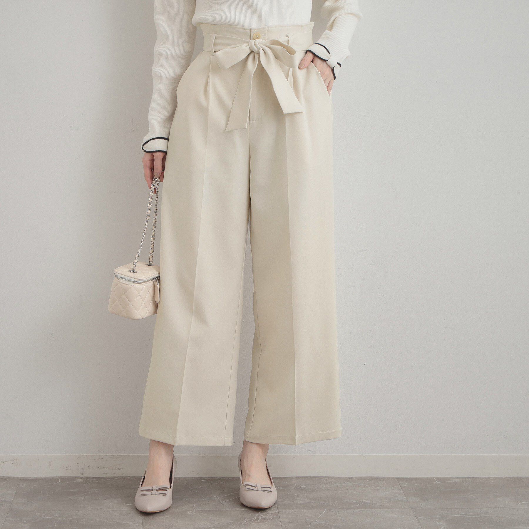 Couture broach「【洗える・通勤】ウエストリボン サスペンダー付きワイドパンツ」|その他|アイボリー(004)