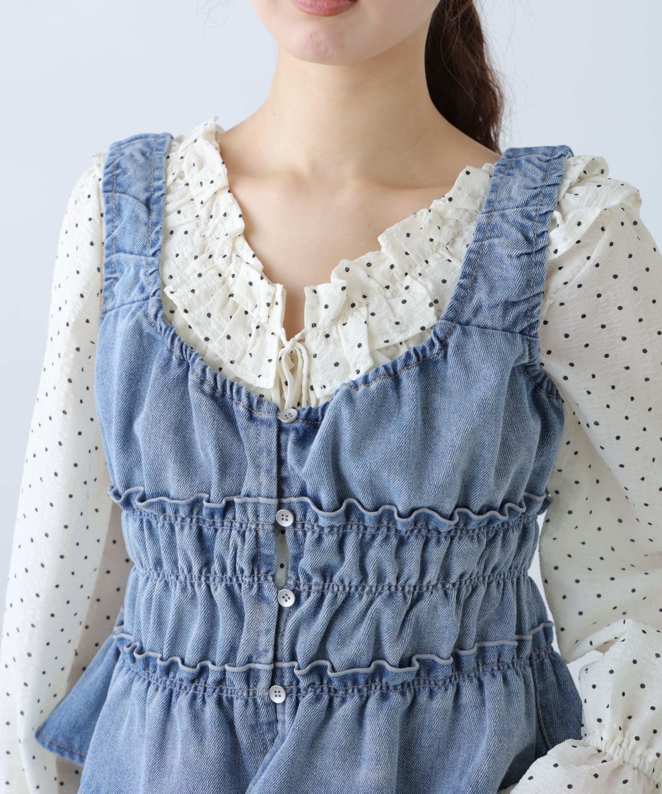  「シャーリングデニムビスチェ」|シャツ・ブラウス|