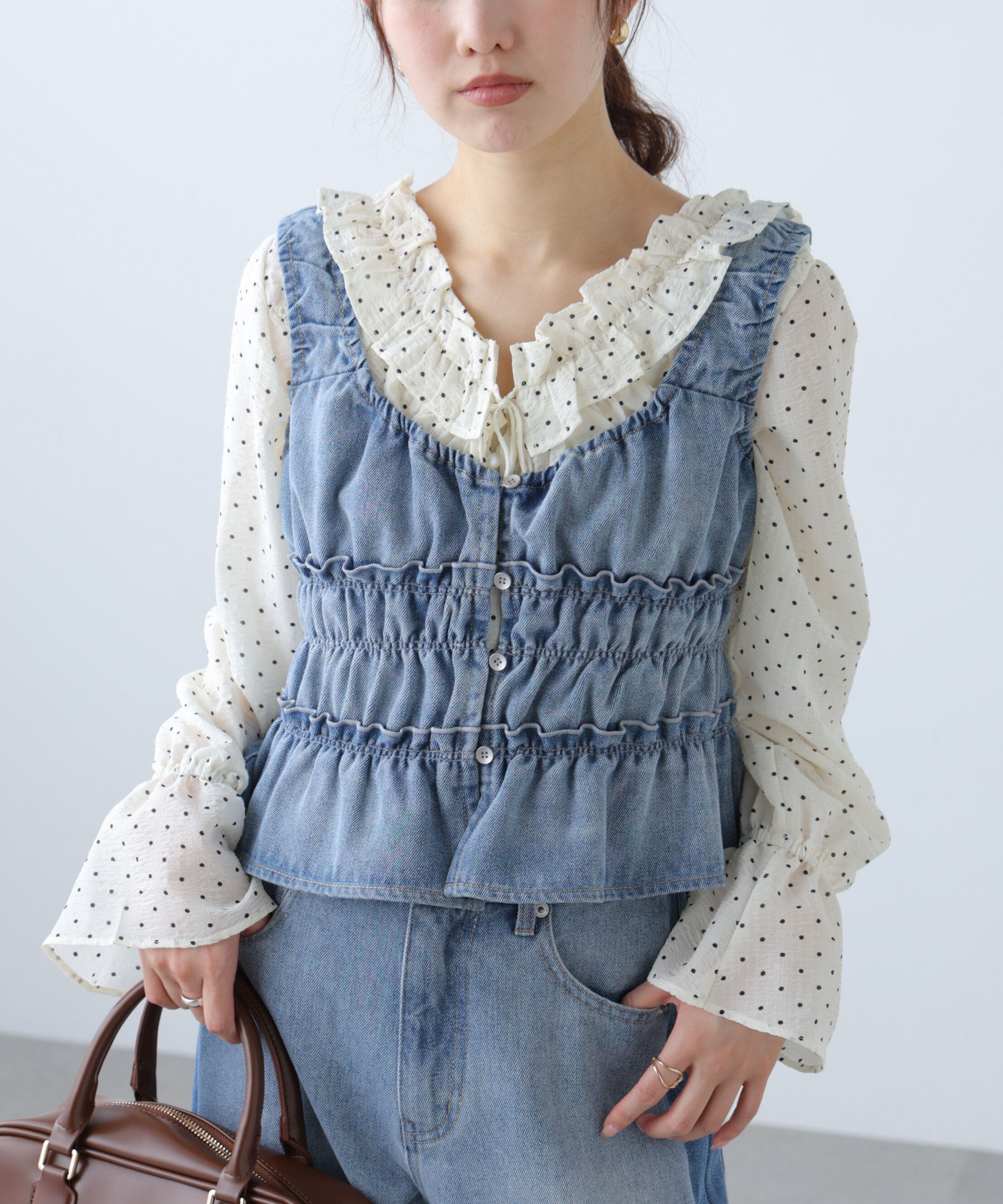  「シャーリングデニムビスチェ」|シャツ・ブラウス|