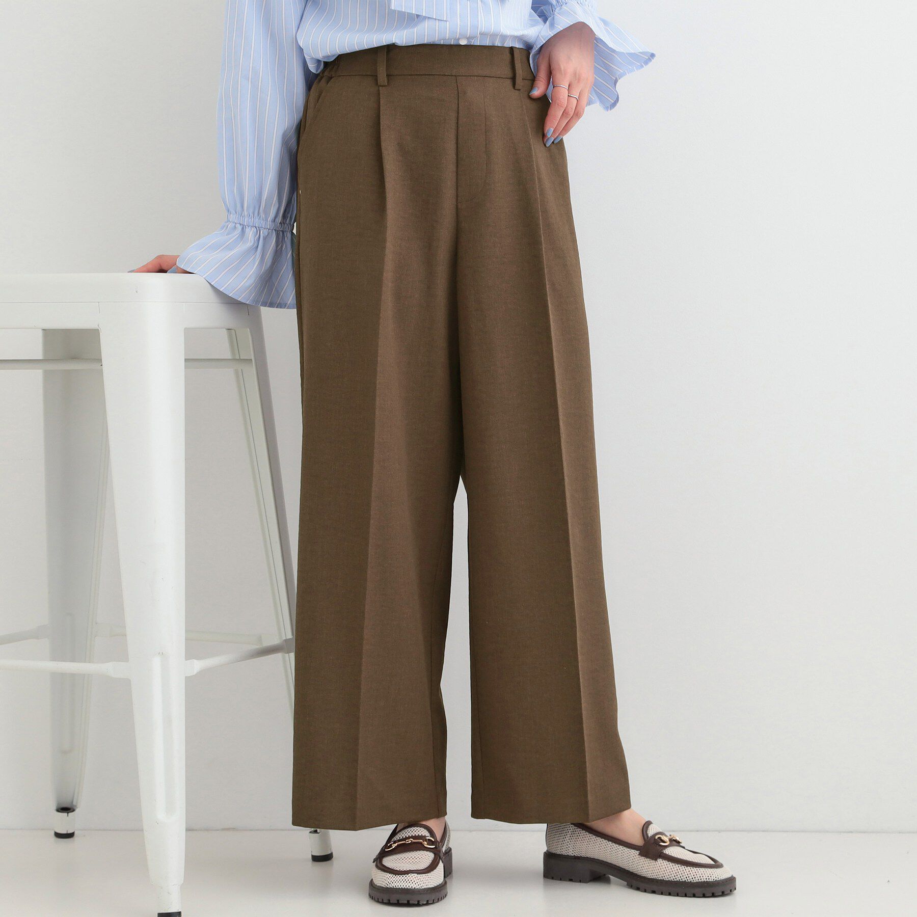 SHOO･LA･RUE「【洗濯機可/セットアップ可/SS-LL/UV】脚のラインをきれいに見せる ワイドパンツ」|その他|ブラウン(044)